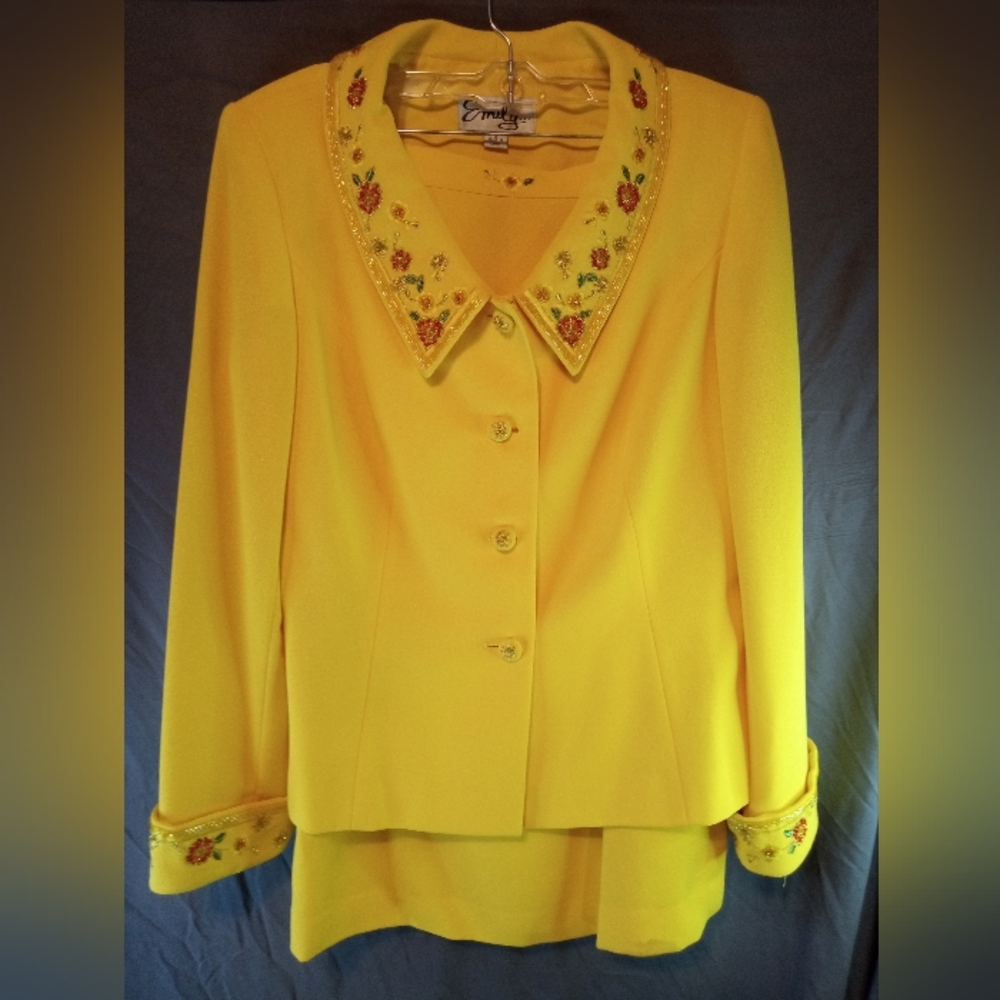 Emily  Vibrant Yellow Embroidered Blazer With Skirt Two Piece Suit